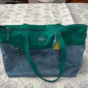 Coach Green and Blue Tote Bag with Dual Handles and Zipper Closure